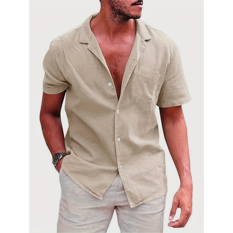 Camisa de lino holgada de color liso para hombres - Imagen 2
