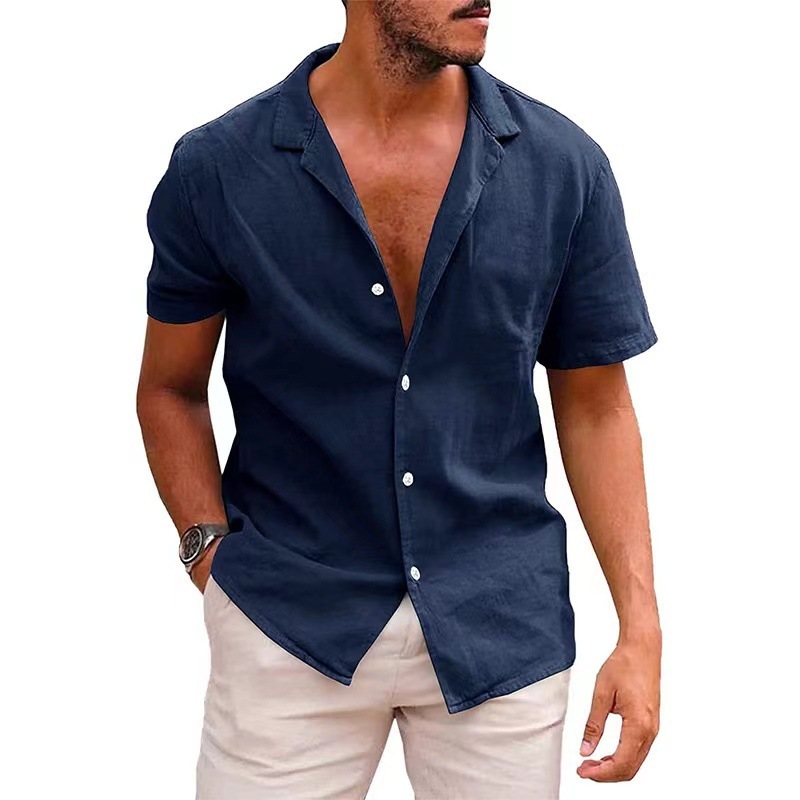 Camisa de lino holgada de color liso para hombres - Imagen 6