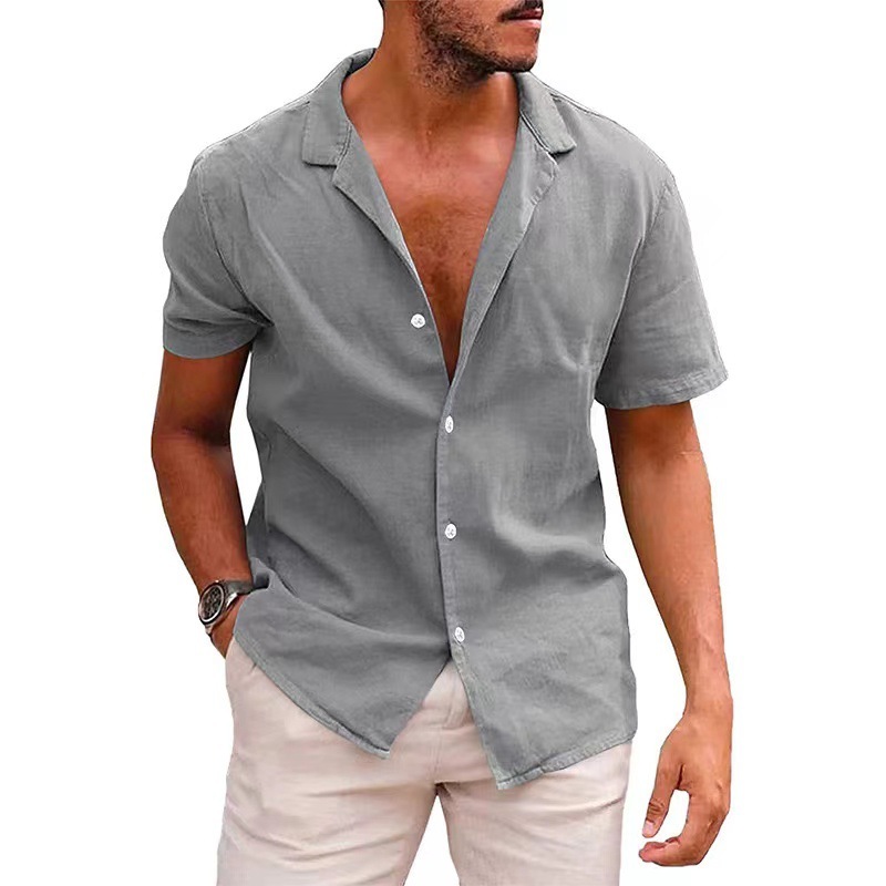 Camisa de lino holgada de color liso para hombres - Imagen 8