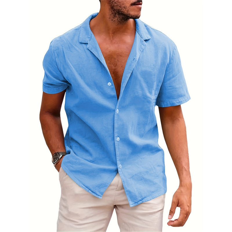 Camisa de lino holgada de color liso para hombres - Imagen 4