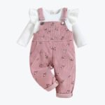 Conjunto de pana estampado con tirantes para niña
