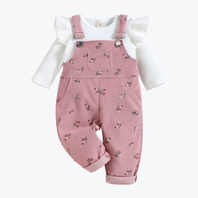 Conjunto de pana estampado con tirantes para niña